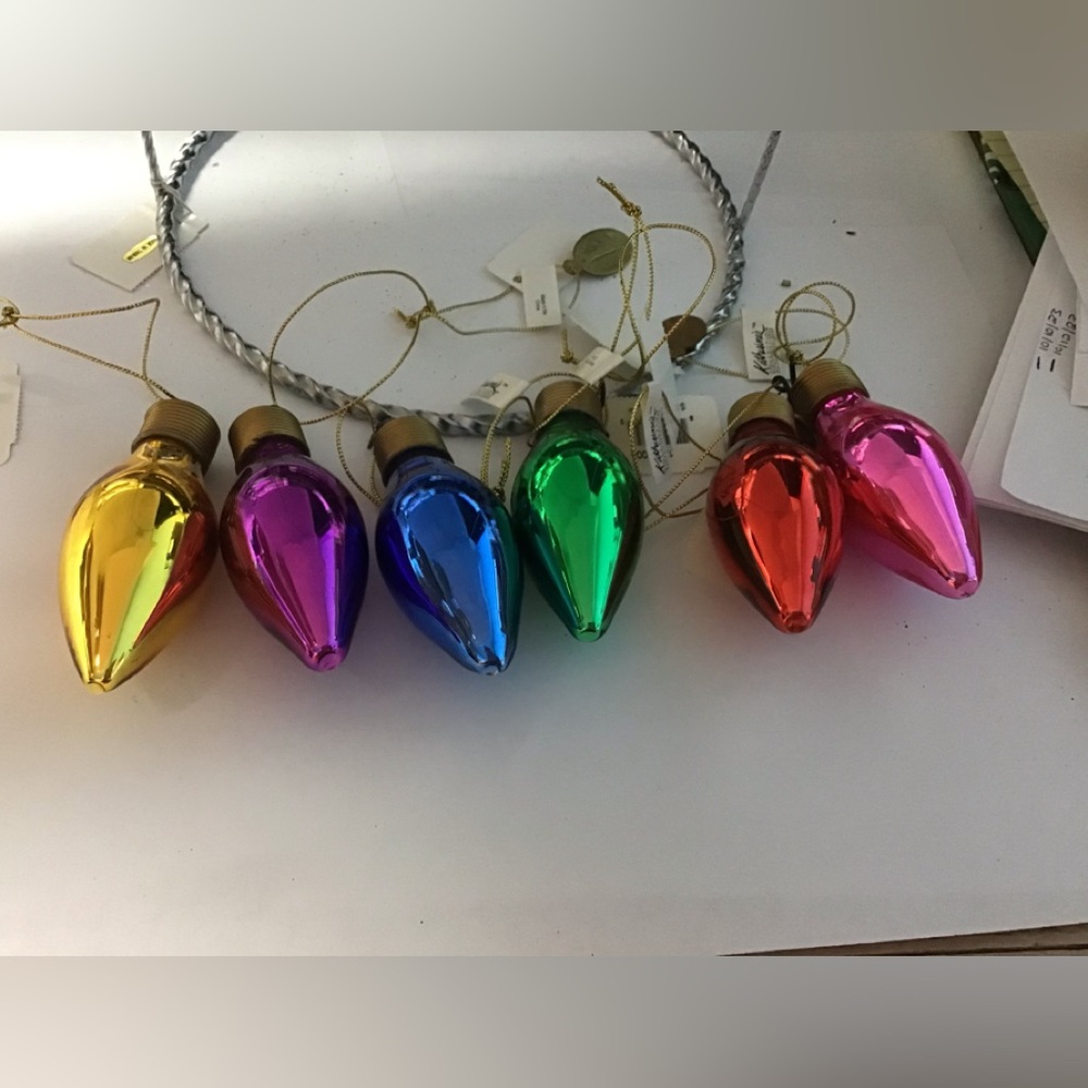 New set of 6 glass bulb ornaments 3” x 1 1/4” looks like retro C-7 bulbs